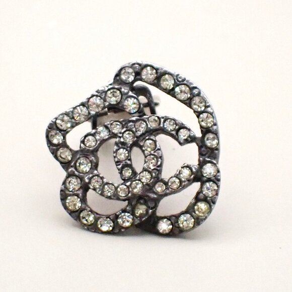 CHANEL Logo Camellia Motif Rhinestone Earrings 00A Silver France - Picture 15 of 16
